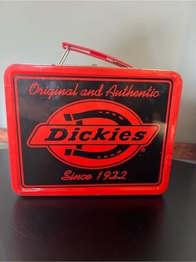 Collectible red metal Dickies brand lunch box